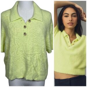 Maeve Anthropologie Eyelash Cropped Polo Sweater Womens L Yellow Fuzzy Knit
